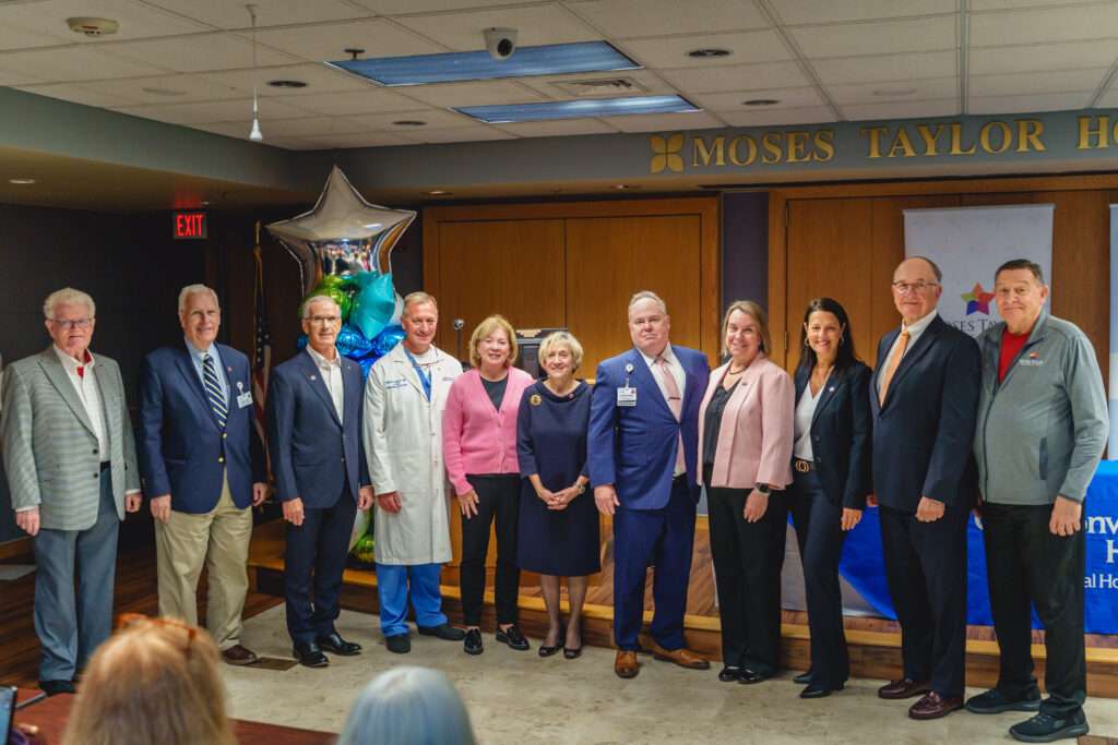 Moses Taylor Foundation board members Peter Moylan, Douglas G. Allen, Edward J. Dzielak, DO, Frank R. Kolucki, Jr., MD, Mary F. Sewatsky, MD, Maria Marsili, Esq., Kimberly Santarsiero, Hon. Robert A. Mazzoni, and William R. Lazor, CPA/PFS, CFE, join Patrick D. Conaboy, MD, CEO, Regional Hospital of Scranton and Moses Taylor Hospital, and Danielle Breslin, President & CEO, Moses Taylor Foundation (fifth and fourth from right).